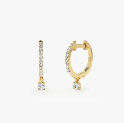 14k Diamond Huggies with a Dangling Round Diamond