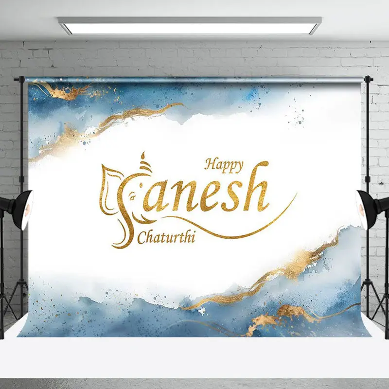 Aperturee White Blue Marbled Happy Ganesh Chaturthi Backdrop - Aperturee