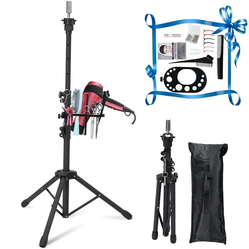 Enhanced Adjustable Wig Stand Tripod - Double Locking Mannequin Head Stand - Sturdy Metal Stand with Tool Tray for Hairdressi...