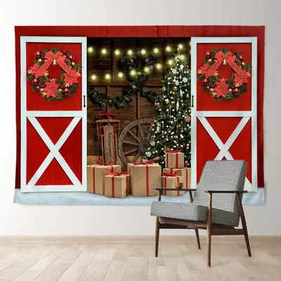 Aperturee Red Wood Door Wreath Gift Light Christmas Backdrop