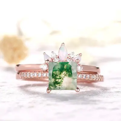 Princess cut Moss Agate Diamond Bridal Ring Set Opal Diamond Wedding Set