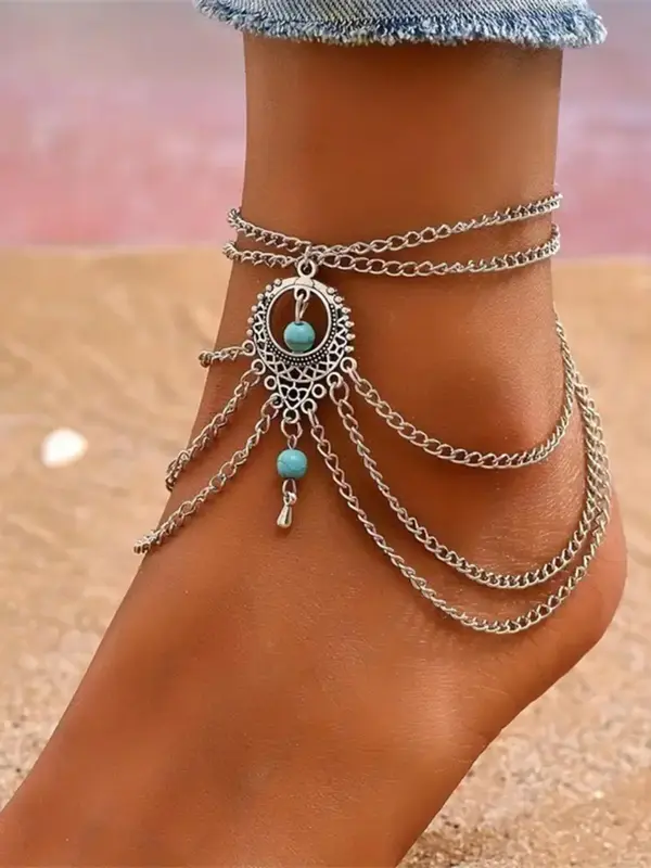 Boho Style Turquoise Decor Multi-layered Adjustable Strap Anklet, Trendy Fashionable Accessories, Trendy All-match & Exquisit...