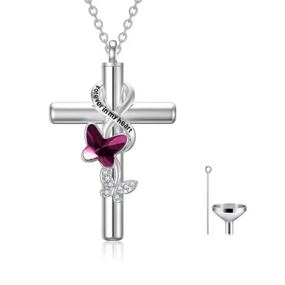 Sterling Silver Purple Crystal Butterfly With Cross With Infinity Symbol Urn Necklace For Ashes With Engraved Word For Women ...