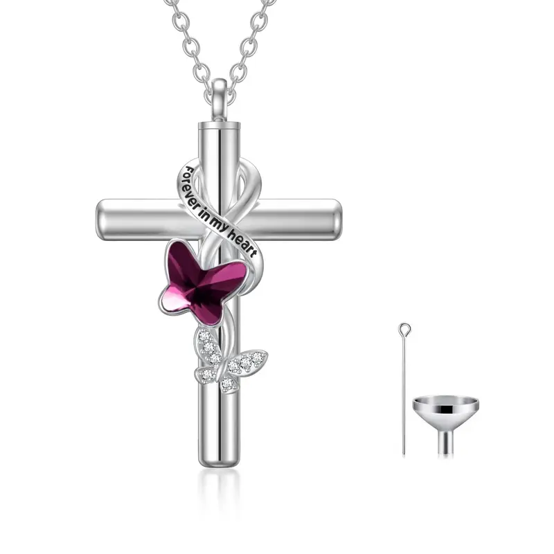 Sterling Silver Purple Crystal Butterfly With Cross With Infinity Symbol Urn Necklace For Ashes With Engraved Word For Women ...