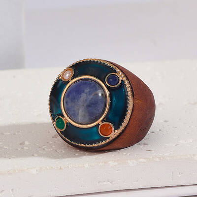 Flat Round Wood & Resin & Natural Sodalite Finger Rings