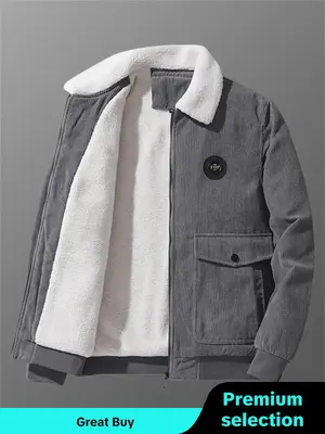 Men's Solid Patched Pocket Zip Up Thermal Lined Jacket, Casual Regular Fit Long Sleeve Collared Outerwear for Fall & Winter,...