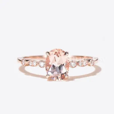 Natural Genuine Oval Cut Pink Morganite Milgrain Engagement Ring