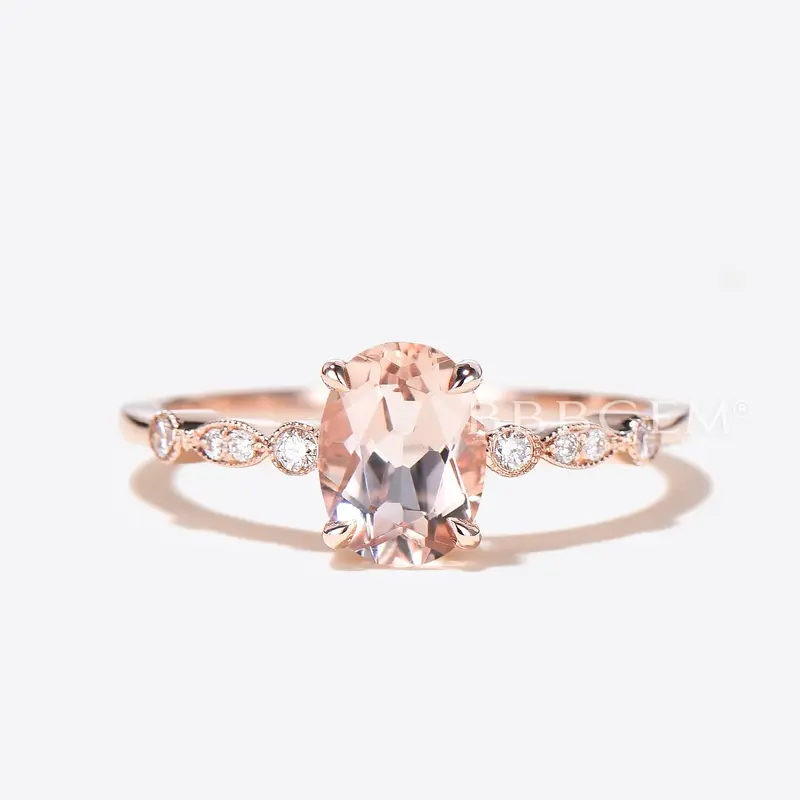 Natural Genuine Oval Cut Pink Morganite Milgrain Engagement Ring