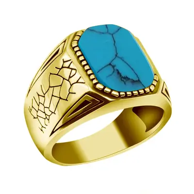 10K Gold Round Shaped Turquoise Personalized Engraving Ring for Men