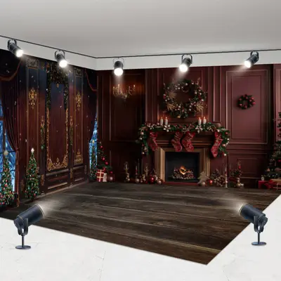 Aperturee Retro Red Wall Fireplace Christmas Room Set Backdrop | Christmas Photo Booth Backdrop | Xmas Backdrop | Christmas B...