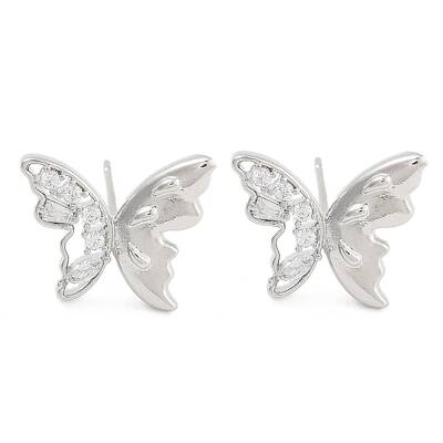 Butterfly Brass Pave Clear Cubic Zirconia Stud Earrings for Women
