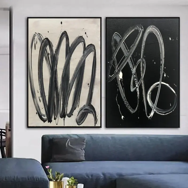 Large Original Black And White Painting Abstract Wall Painting Set Of 2 Acrylic Painting Original Oil Contemporary Modern Wal...