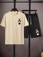 Men's Loose Letter Print Tee & Drawstring Shorts Set, Full Sets Men Outfit, Casual Round Neck Short Sleeve Top & Track Shorts...