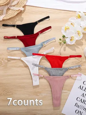 Women's Plain Ring Linked Drop Waist Thong, 7/10/12/18 Counts Soft Comfy Breathable Knicker for Daily Wear, Underwear for All...