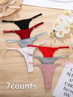 Women's 7-piece Plain Ring Linked Drop Waist Thong, Elegant Fitted Soft Comfy Breathable Knicker for Daily Wear, Underwear fo...