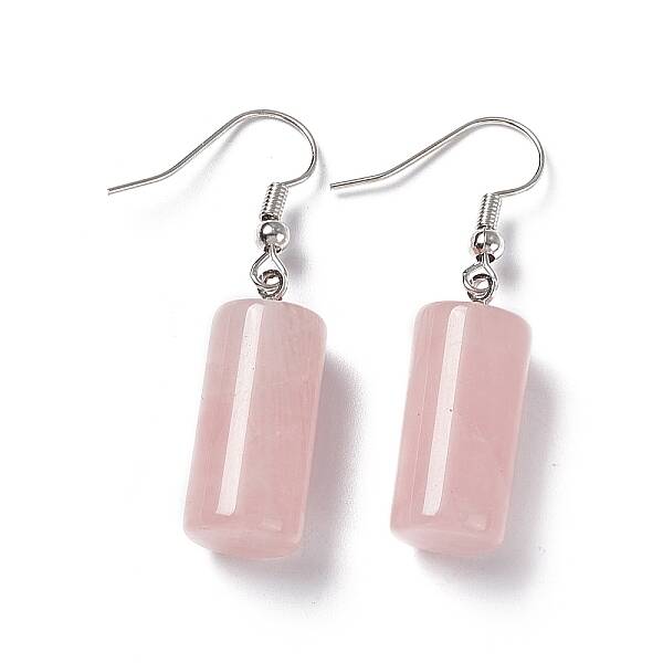 Natural Rose Quartz Cylindrical Dangle Earrings