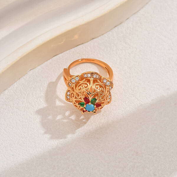 Luxury Vintage Hollow Flower Brass Cubic Zirconia Adjustable Rings for Women