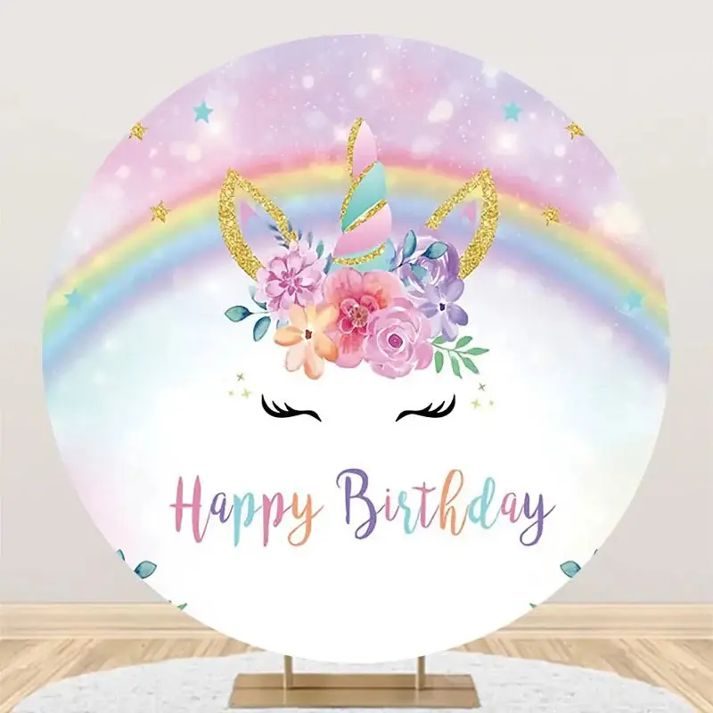 Round Rainbow Unicorn Floral Bokeh Birthday Backdrop - Aperturee