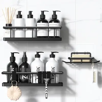 3/5 Wall-Mounted Shower Caddy Organizer Rack Set, No Drill Holder, Self Adhesive Black Basket, Bathroom Home Accessories Stor...