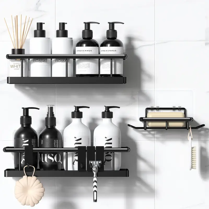 3/5 Wall-Mounted Shower Caddy Organizer Rack Set, No Drill Holder, Self Adhesive Black Basket, Bathroom Home Accessories Stor...
