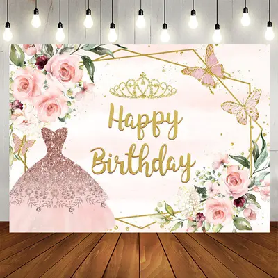 Aperturee Pink Princess Dress Butterfly Birthday Backdrop