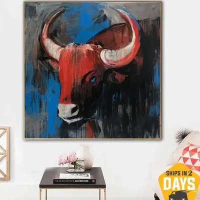 Abstract Cow Head Paintings On Canvas Colorful Expressionist Art In Blue, Red And Red Colors Textured Bull Artwork | RED COW ...