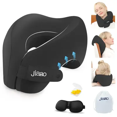 Jiaao 2-in-1 Travel Neck Pillow with 3D Eye Masks & Earplugs - Comfortable Memory Foam U-Shaped Pillow for Airplanes & Naps -...
