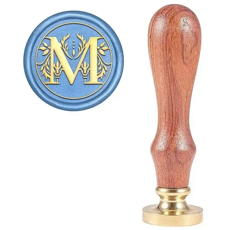 Wax Seal Stamp with Wooden Handle, Vintage Alphabet Pattern Brass Head Round Stamp for Sealing Envelope, Wedding Invitation &...