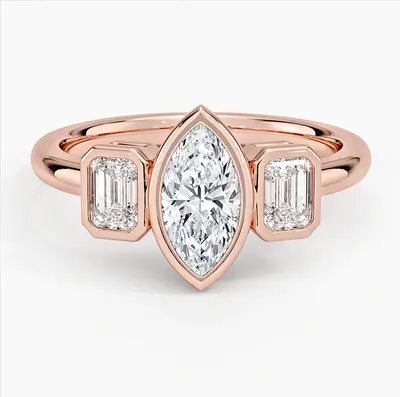10K Rose Gold 1 to 3.5 CT.T.W. Marquise Cut Lab Created Diamond Bezel Three Stone Engagement Band IGI Certified