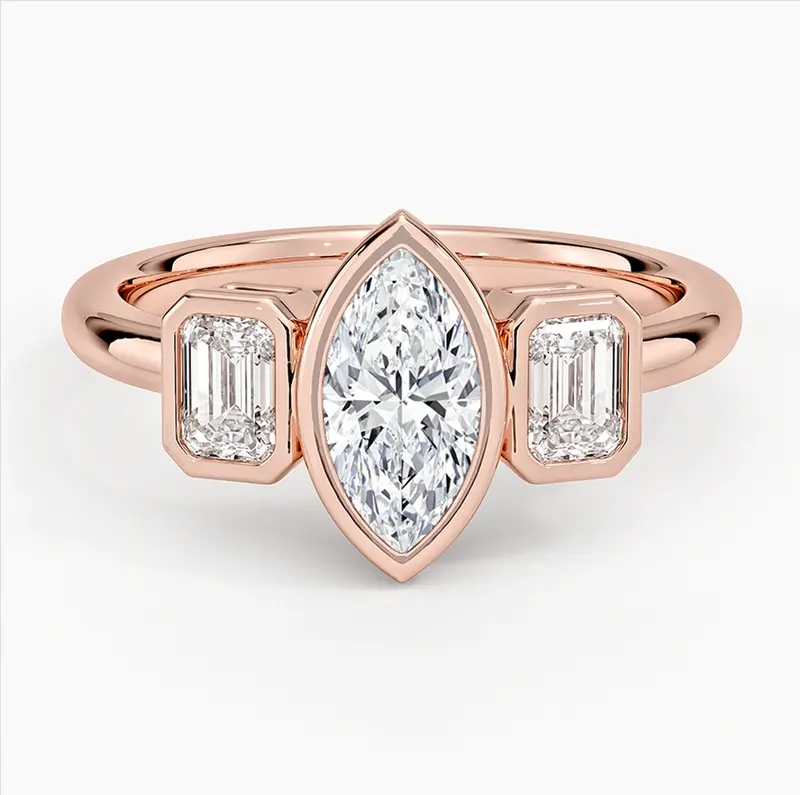 10K Rose Gold 1 to 3.5 CT.T.W. Marquise Cut Lab Created Diamond Bezel Three Stone Engagement Band IGI Certified