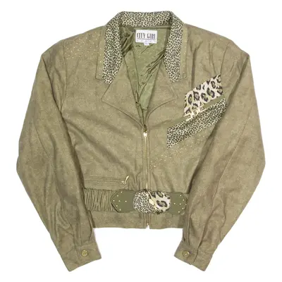 CITY GIRL Belted Womens Biker Jacket Green 90s S