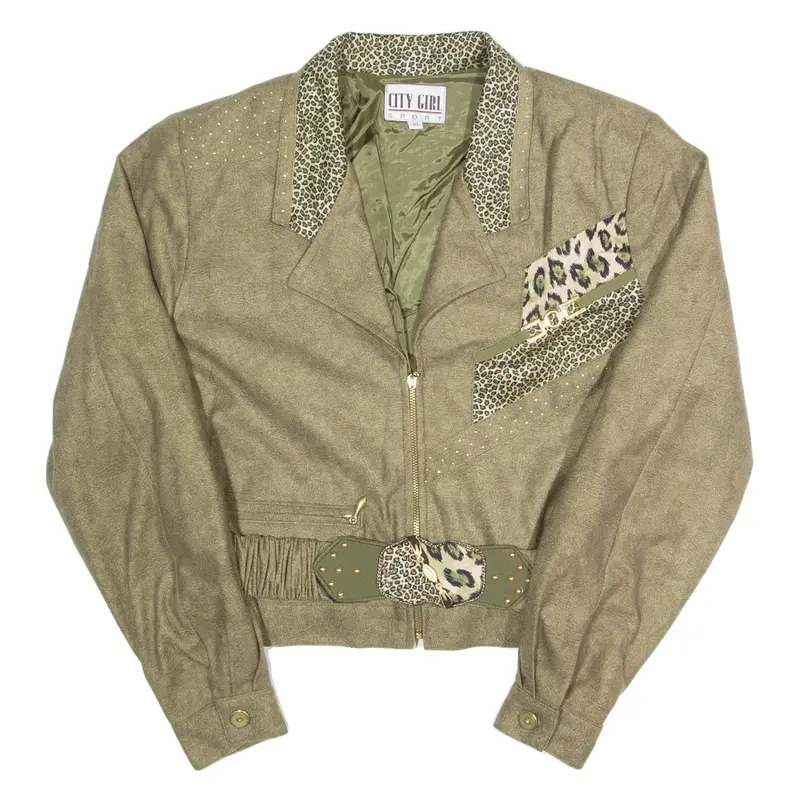 CITY GIRL Belted Womens Biker Jacket Green 90s S