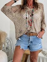 Women's Plain Hollow Out Batwing Sleeve Crochet Sweater, Boho Casual Long Sleeve V Neck Jumper for Spring, Fashion Women'...