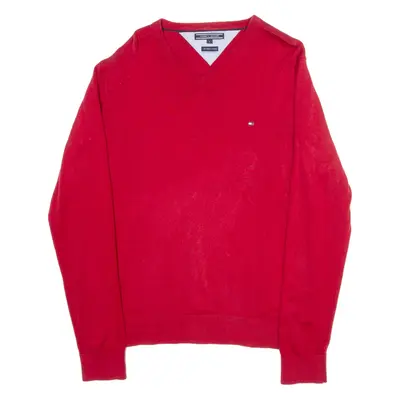 TOMMY HILFIGER Premium Cotton Mens Jumper Red V-Neck Tight Knit L