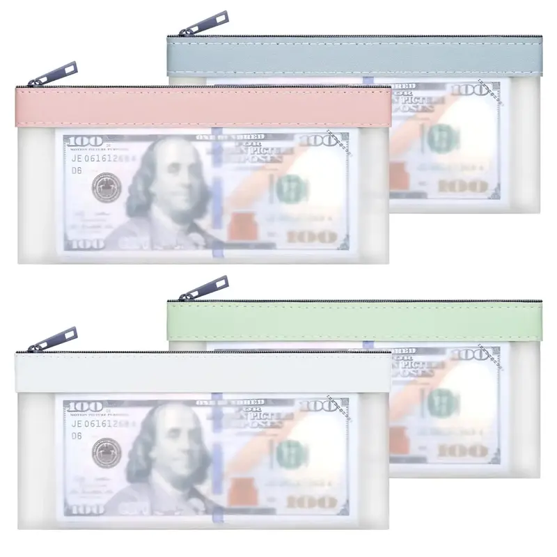 Clear Money Bag with Zipper, 4 Counts Portable Waterproof Cash Credit Card Coin Pouch, Colorful Multi-purpose Check Wallet fo...