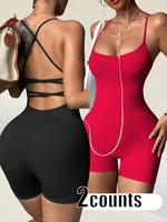 Women's Solid Sports Romper, Breathable High Stretch Romper for Yoga Running, Ladies Sportswear for Indoor Outdoor Wear, Gym ...
