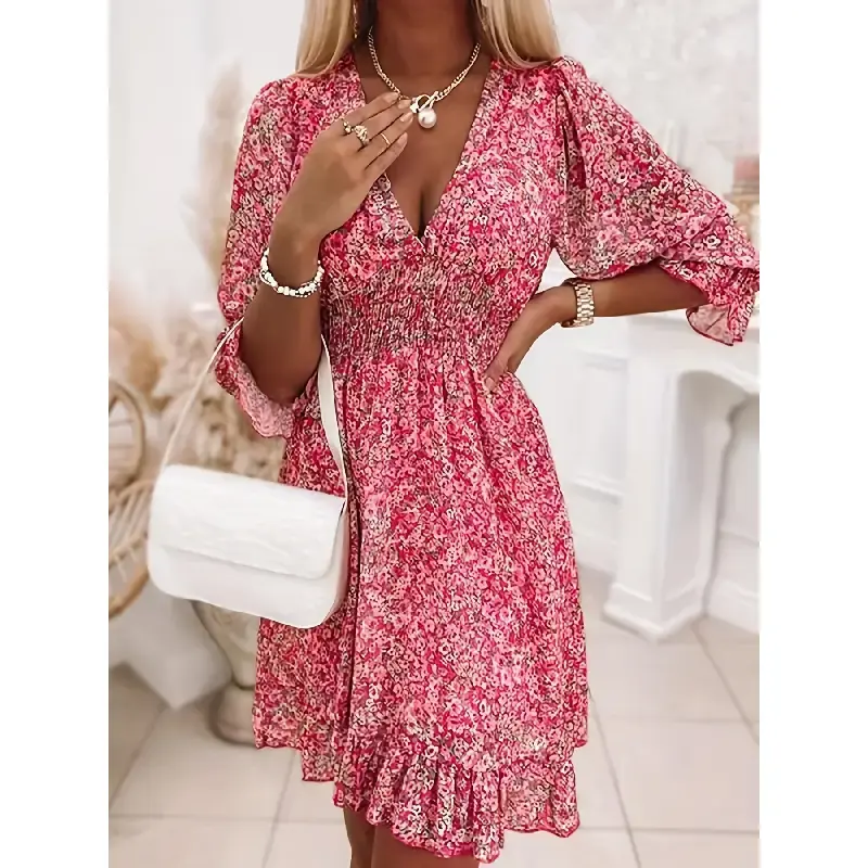 3/4 Sleeve Shirred Waist V Neck Floral Print Dress - Exquisitely Elegant Design For Women - Perfect For Spring And Fall Seaso...