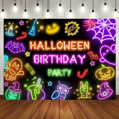 Colorful Neon Halloween Backdrop For Birthday Party - Aperturee
