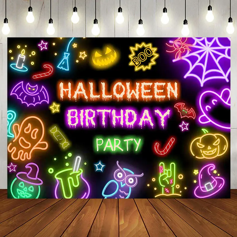 Colorful Neon Halloween Backdrop For Birthday Party - Aperturee