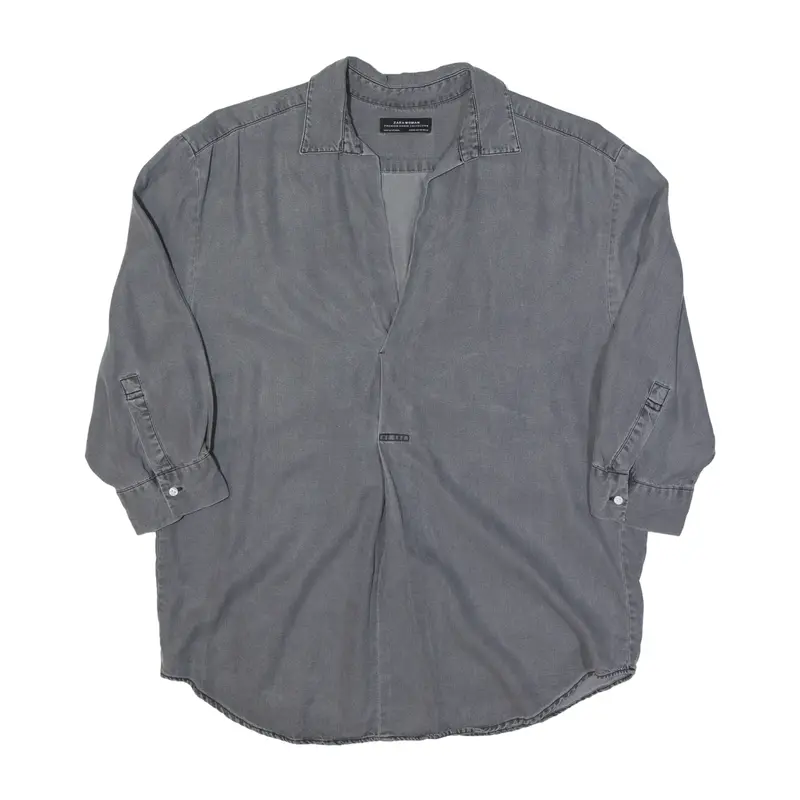 ZARA Low V-Neck Plain Shirt Grey 3/4 Sleeve Womens XS