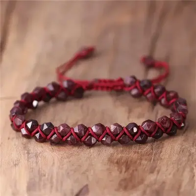 Natural Red Garnet Stone Handmade Double Braided Healing Reiki Women Men Luck January Birthstone Bracelet Gift