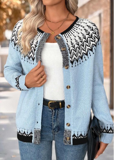 Modlily Light Blue Tummy Coverage Tribal Print Long Sleeve Cardigan - XL