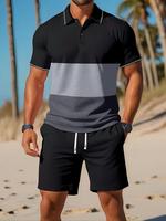 Men's Colorblock Short Sleeve Polo Shirt & Pocket Drawstring Waist Shorts Two-piece Set, Regular Fit Casual Fashion Cozy Brea...