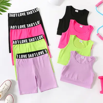 2pcs Kid Girl Solid Color Tank Top and Letter Print Shorts Sporty Set 536265