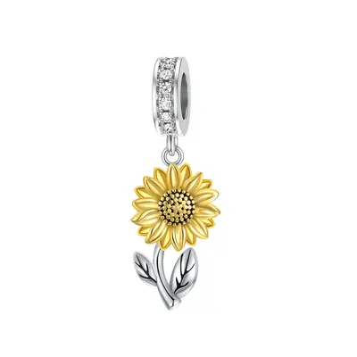Sterling Silver Two-tone Cubic Zirconia Sunflower Dangle Charm