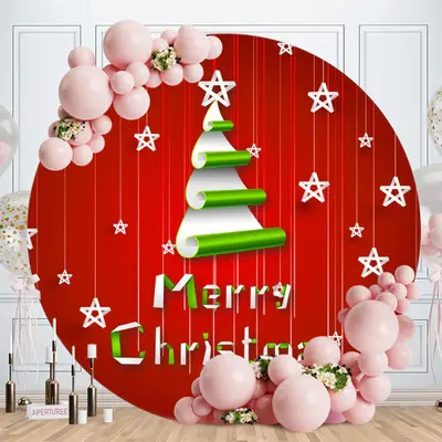 Green Tree Round Red Merry Chriatmas Backdrop - Aperturee