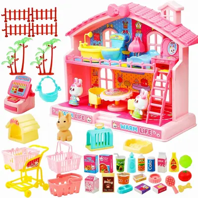 Mini Playhouse Toy for Girls Figure House Playset with Doll and Furniture Accessories Realistic Play Food & Party Fruits Dura...