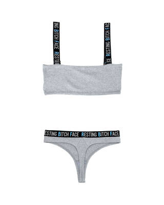 Resting Bitch Face Crop Top and Thong Panty Set - Gray - M/l