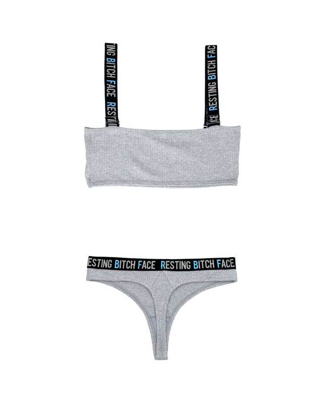 Resting Bitch Face Crop Top and Thong Panty Set - Gray - M/l