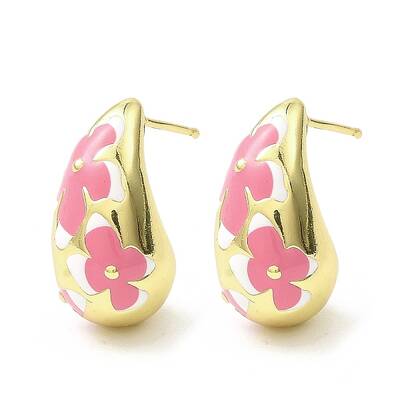 Teardrop with Flower Real 18K Gold Plated Brass Enamel Stud Earrings